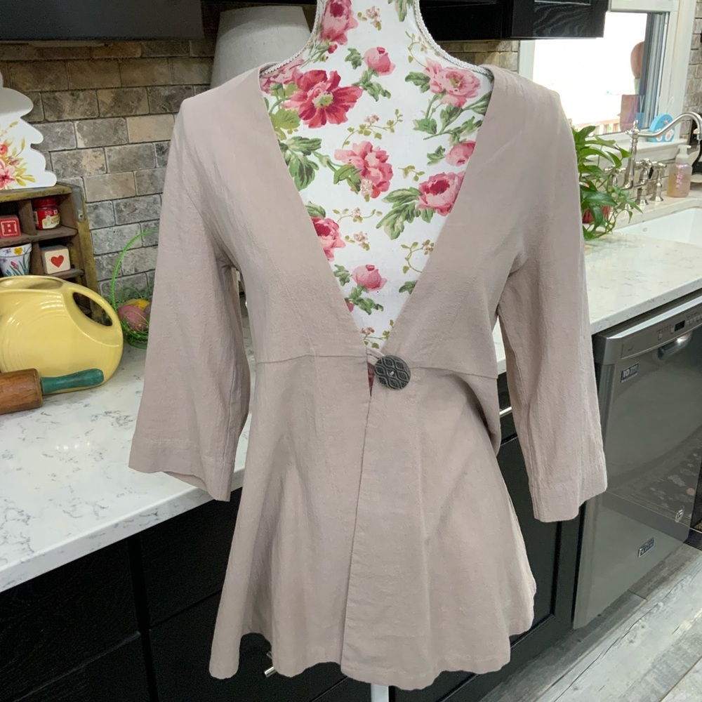 Soft Surroundings Gauzy Kimono Jacket Boho Button Detail Tan XS Petite 38F33